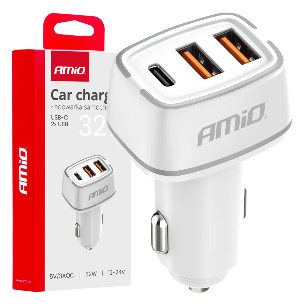 Adapter za auto upaljač 2xUSB-A + USB-C 32W 12/24V Amio