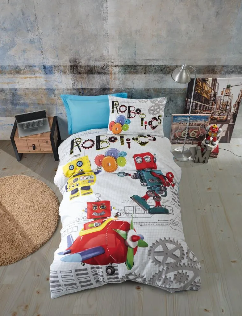 Dečija posteljina Ranf. Robot za jedan krevet plava/bela Cottonbox