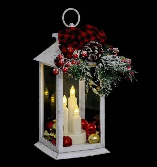 Dekor. fenjer sa 3 LED sveće i bombicama 29cm beli Feeric