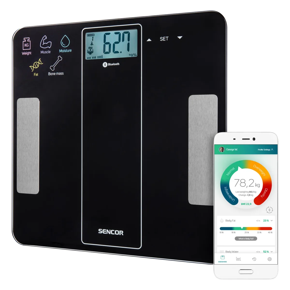 Digit.telesna fitnes vaga SBS8000BK do 180kg kaljeno staklo Sencor