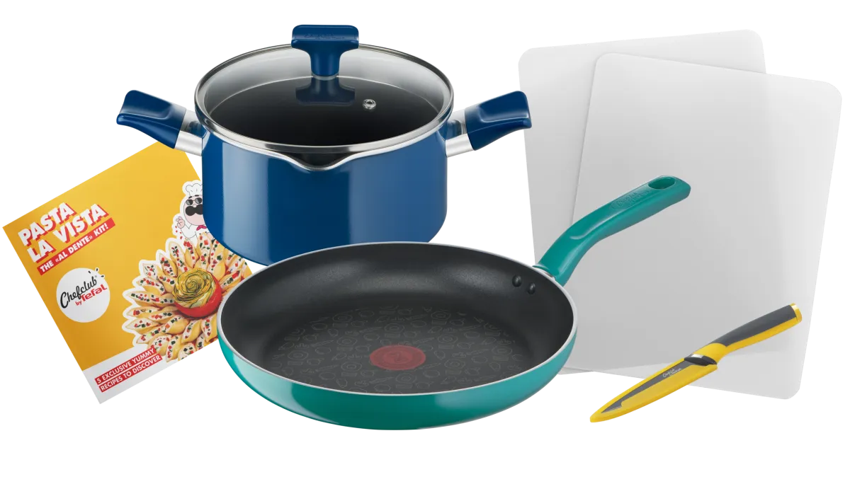 Garn. Pasta La Vista: tiganj+ šerpa+2 daske za rezanje+nož Tefal