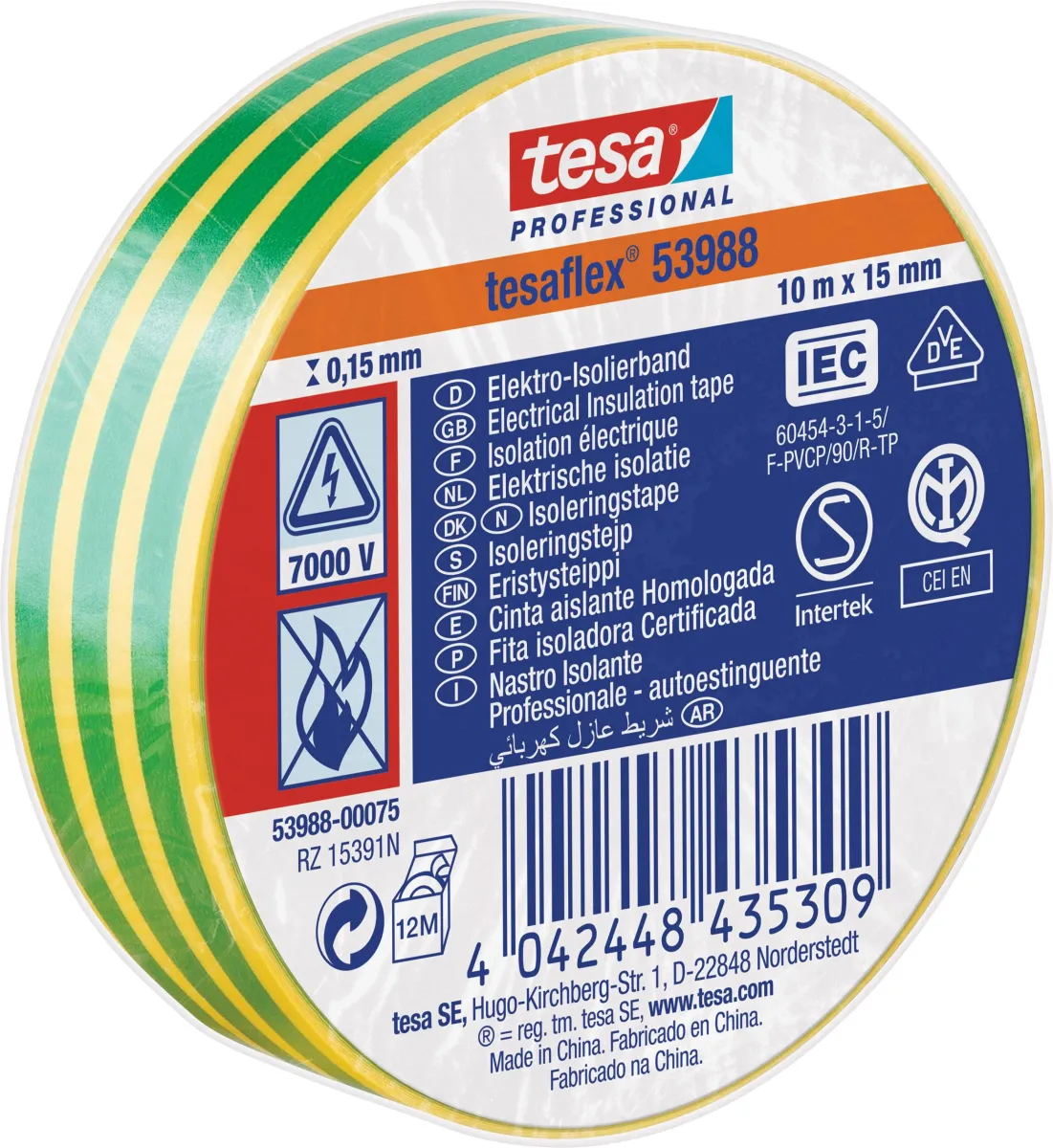 Izolir traka SPVC žuto/zelena 10m x15mm Tesa