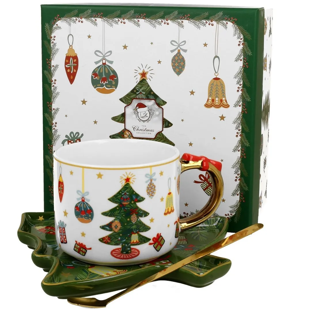 Šolja za čaj Christmas Tree 280ml sa tanjirićem i kašič. Duo