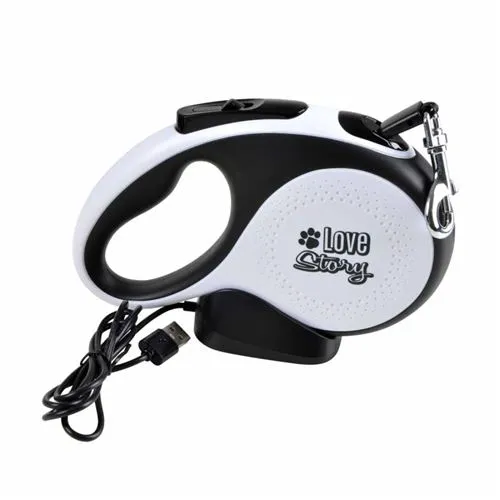 Povodac za pse 5m izvlačni sa LED lamp.i USB punjač. 2u1 beli