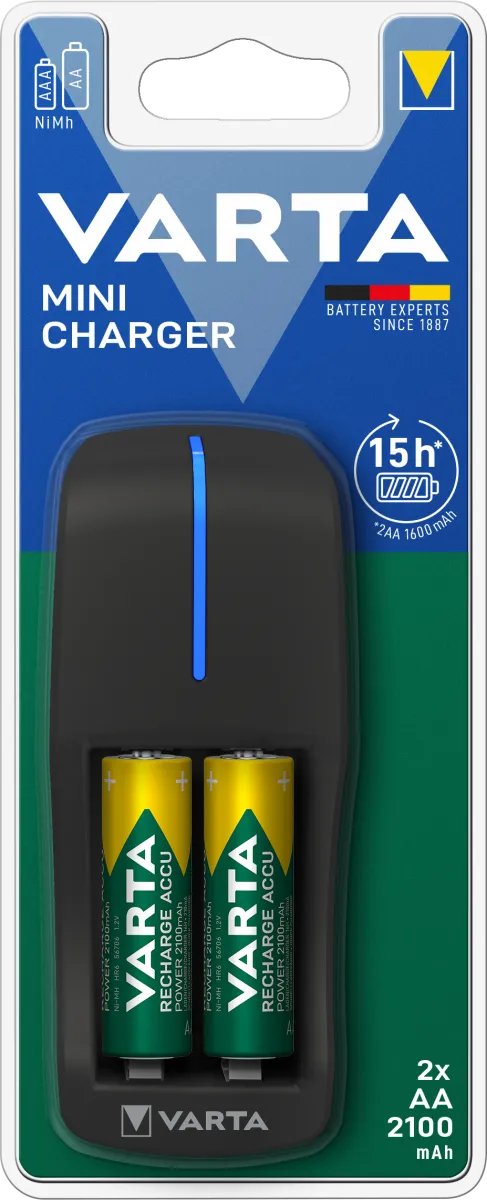 Punjač baterija Mini sa 2 baterije HR6 2100mAh i LED indikat.Varta