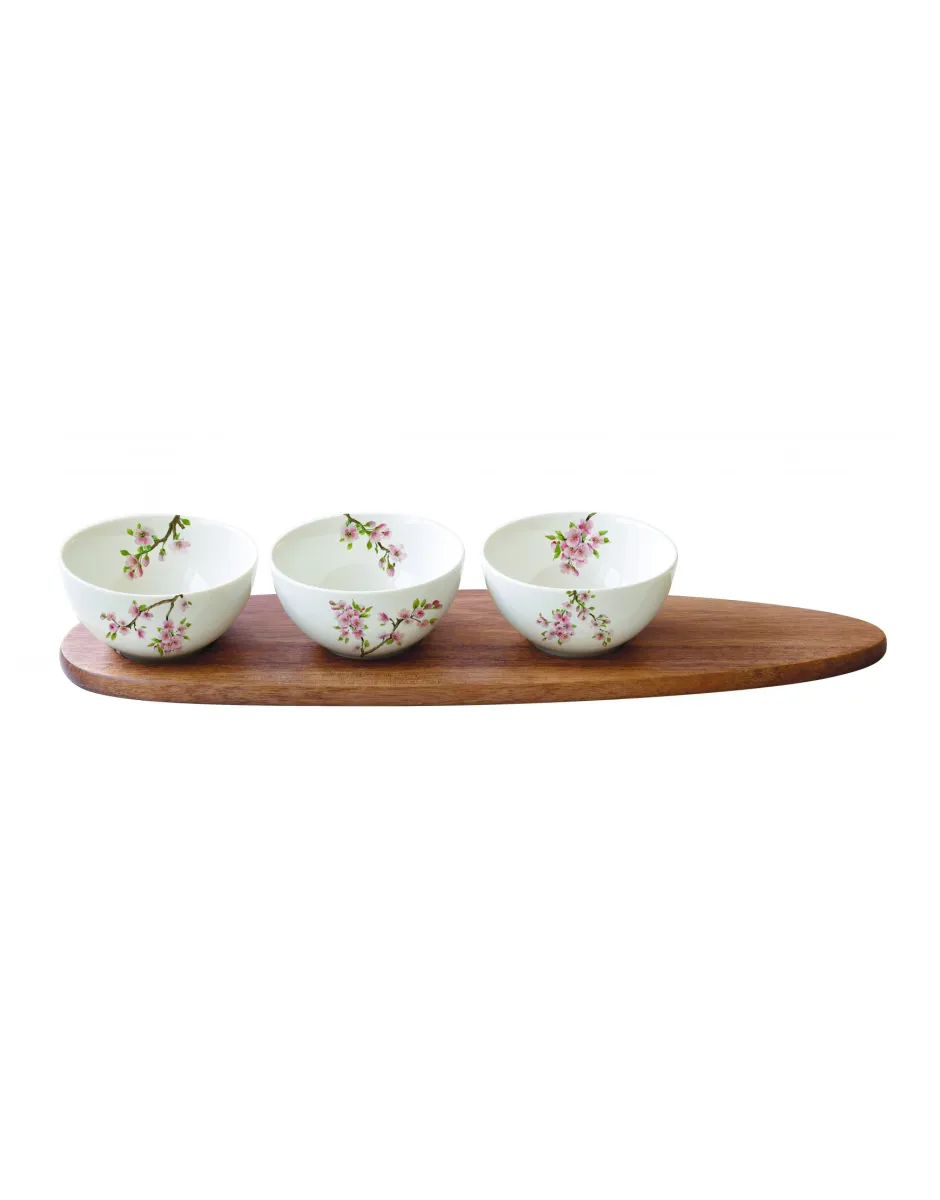 Set činija  3/1 SAKURA na drvenom poslužavniku 40x10.5cm