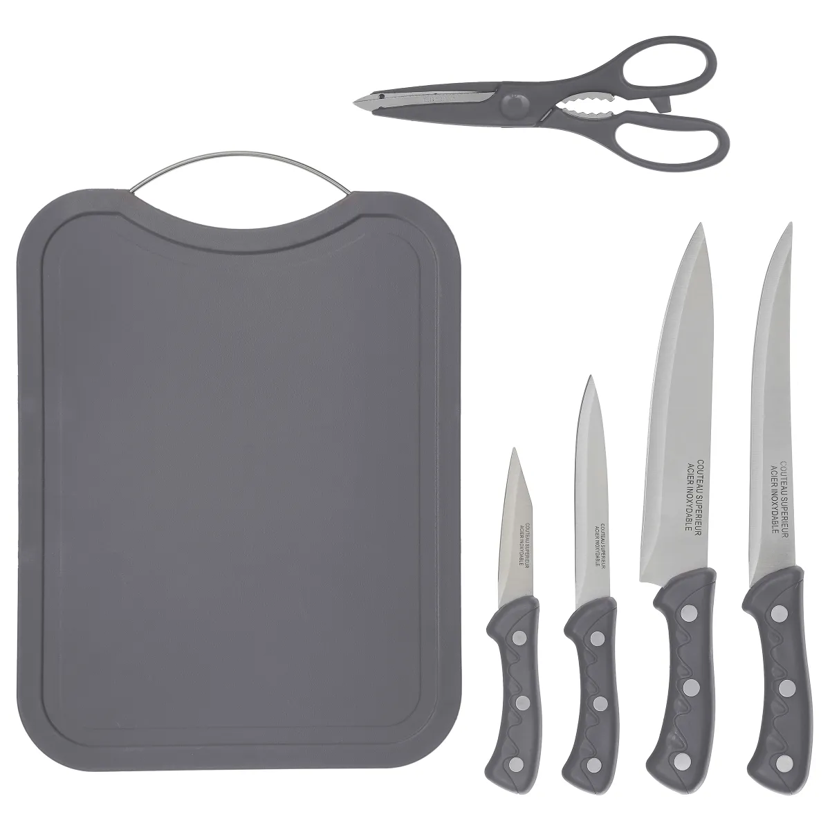 Set za rezanje:daska+4 noža+makaze sivi Secret de Gourmet