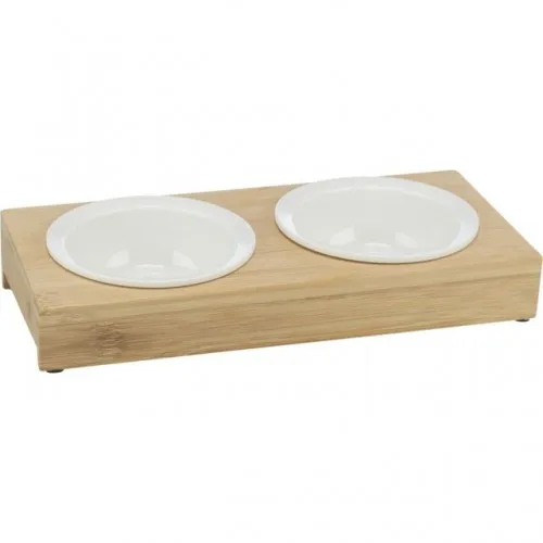 Set keramičkih činija na stalku od bambusovog drveta 2x 0.25l 12cm 60x5x14cm bele činije