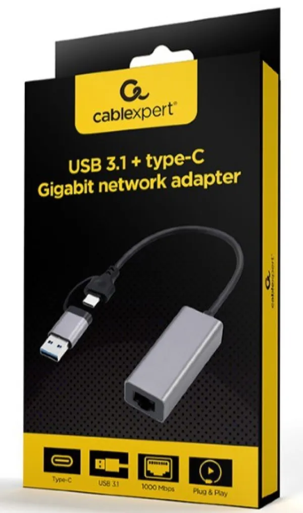 A-USB3AC-LAN-01 Gembird USB 3.1 + type-C Gigabit network adapter space grey