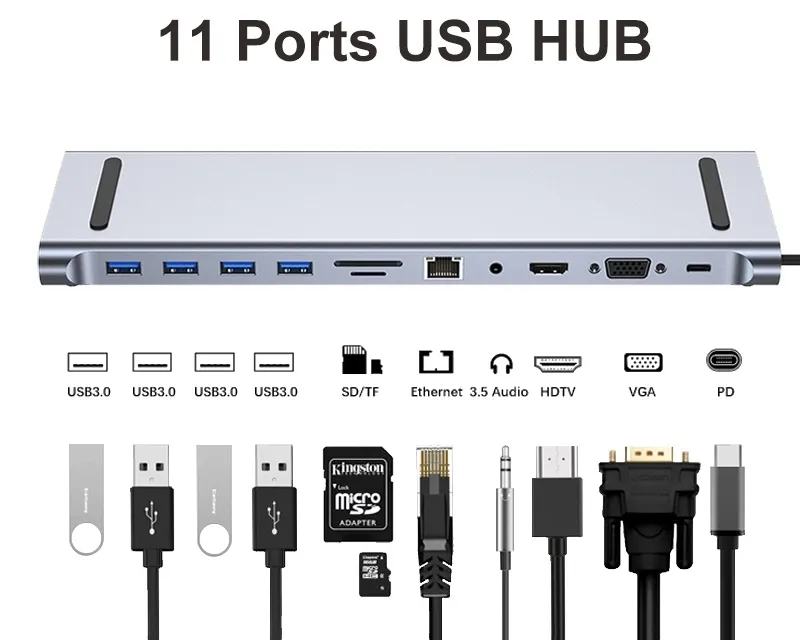 Adapter TIP-C HUB na 4xUSB +SD/micro+RJ45+HDMI+ VGA+ PD+ Audio