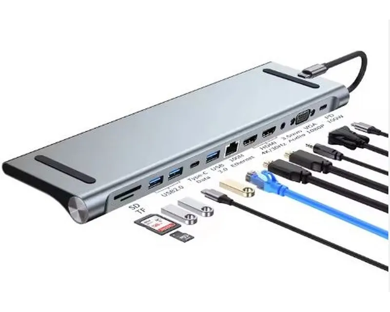 Adapter USB 3.1 tip C (M) - 2 x HDMI + VGA + 3 x USB 3.0 + 2 x tip C + RJ45 (F) + SD/TF + PD 100W (12 u 1)