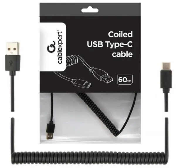 CC-USB2C-AMCM-0.6M Gembird Spiralni USB 2.0 AM na USB-C kabl 0.6m black