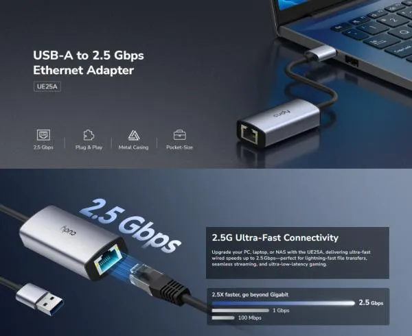 Cudy UE25A USB-A adapter za Ethernet od 2.5 Gbps  10/100/1000/2500 Mbps