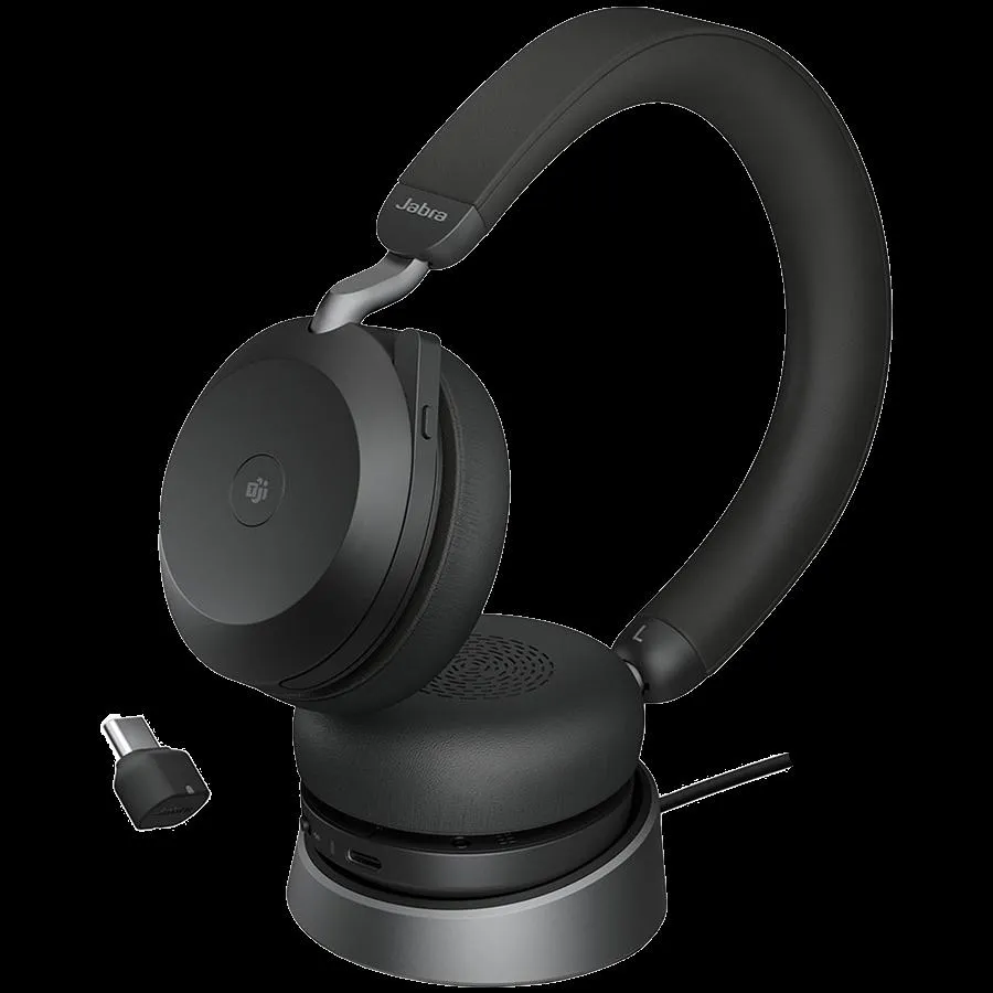 JABRA EVOLVE2 75 Link380c MS Stereo Stand Black EVOLVE2 75 headset Black MS Link 380 BT adapter USB-C MS EVOLVE2 75 Deskstand USB-A1.2m USB-C to USB-C cable carry pouch warranty and warning (safety leaflets)