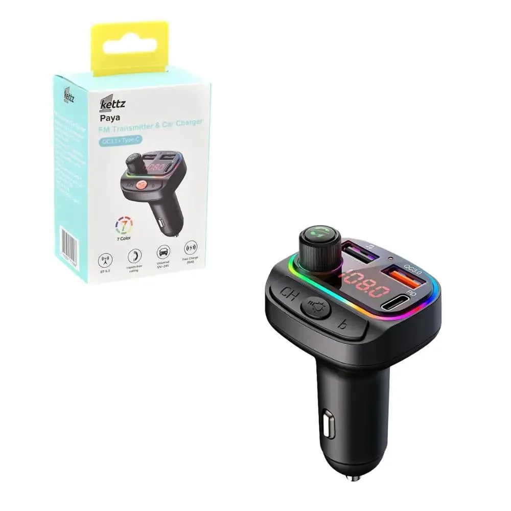 Kettz FM Transmiter i Punjač Paya – 2×USB QC3.1 + Type-C LED
