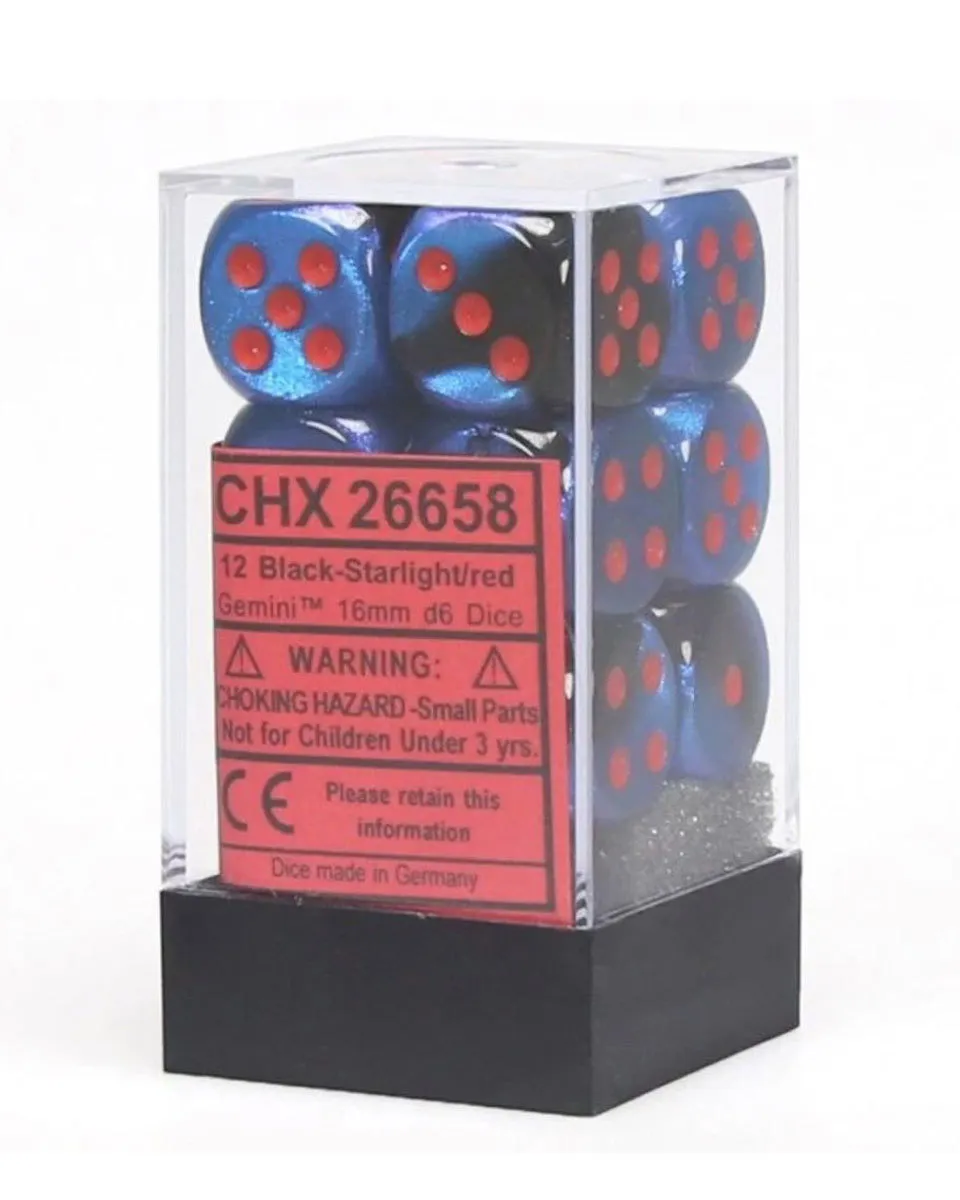 Kockice Chessex - Gemini - Polyhedral - Black Starlight & Red - Dice Block 16mm (12)