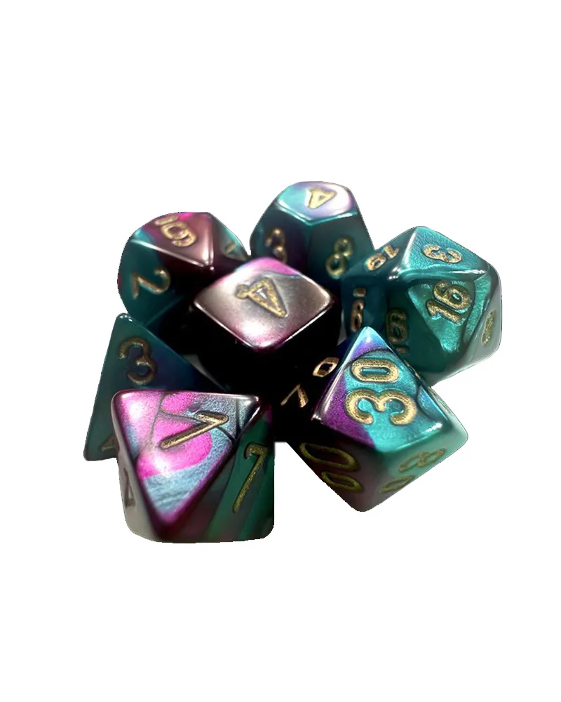 Kockice Chessex - Gemini - Polyhedral Mini - Purple-teal & Gold (7)