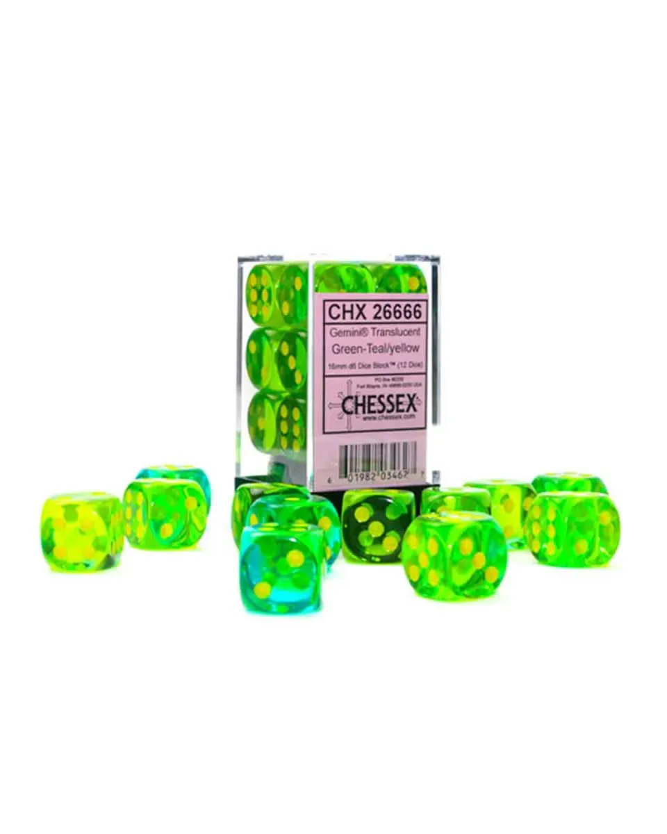 Kockice Chessex - Gemini - Translucent - Green-teal & Yellow - Dice Block 16mm (12)