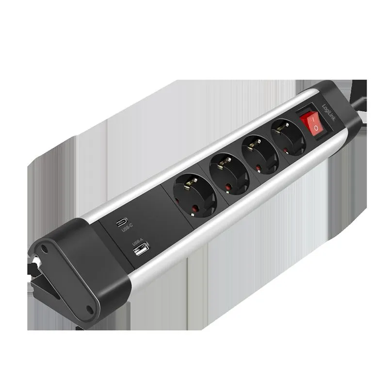 Logilink produžni kabl 4 mesta 1 x USB A 1 x USB C  prekidač stalak 1.5m aluminium