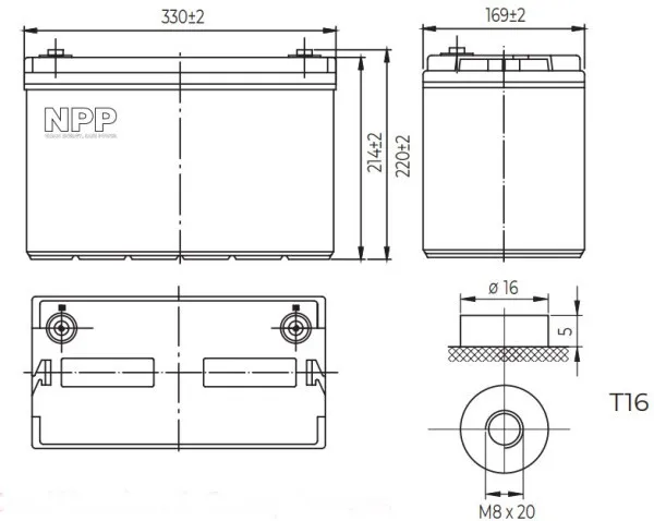 NPP NPG12V-100Ah GEL BATTERY C20=100AH T16 330x171x214x220 273KG Light grey