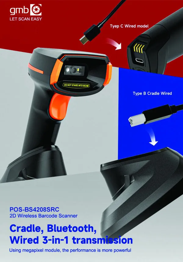 POS-BS4208SRC GMB 2d/OCR CMOS barcode scanner with CRADLE barkod skener 2000mAh 1MP BT/WiFi