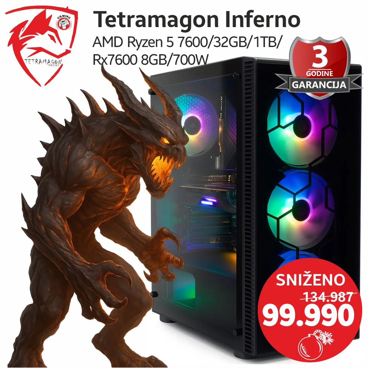 Računar Tetramagon Inferno AMD Ryzen 5 7600/32GB/1TB/RX7600 8GB/700W
