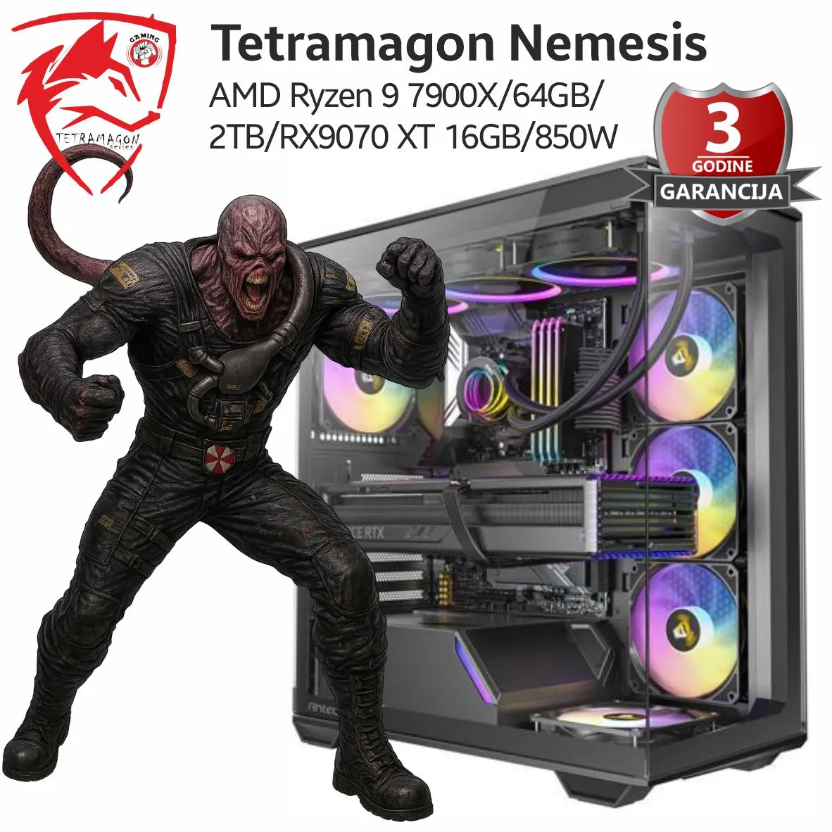 Računar Tetramagon Nemesis AMD Ryzen 9 7900X/64GB/2TB/RX9070 XT 16GB/850W