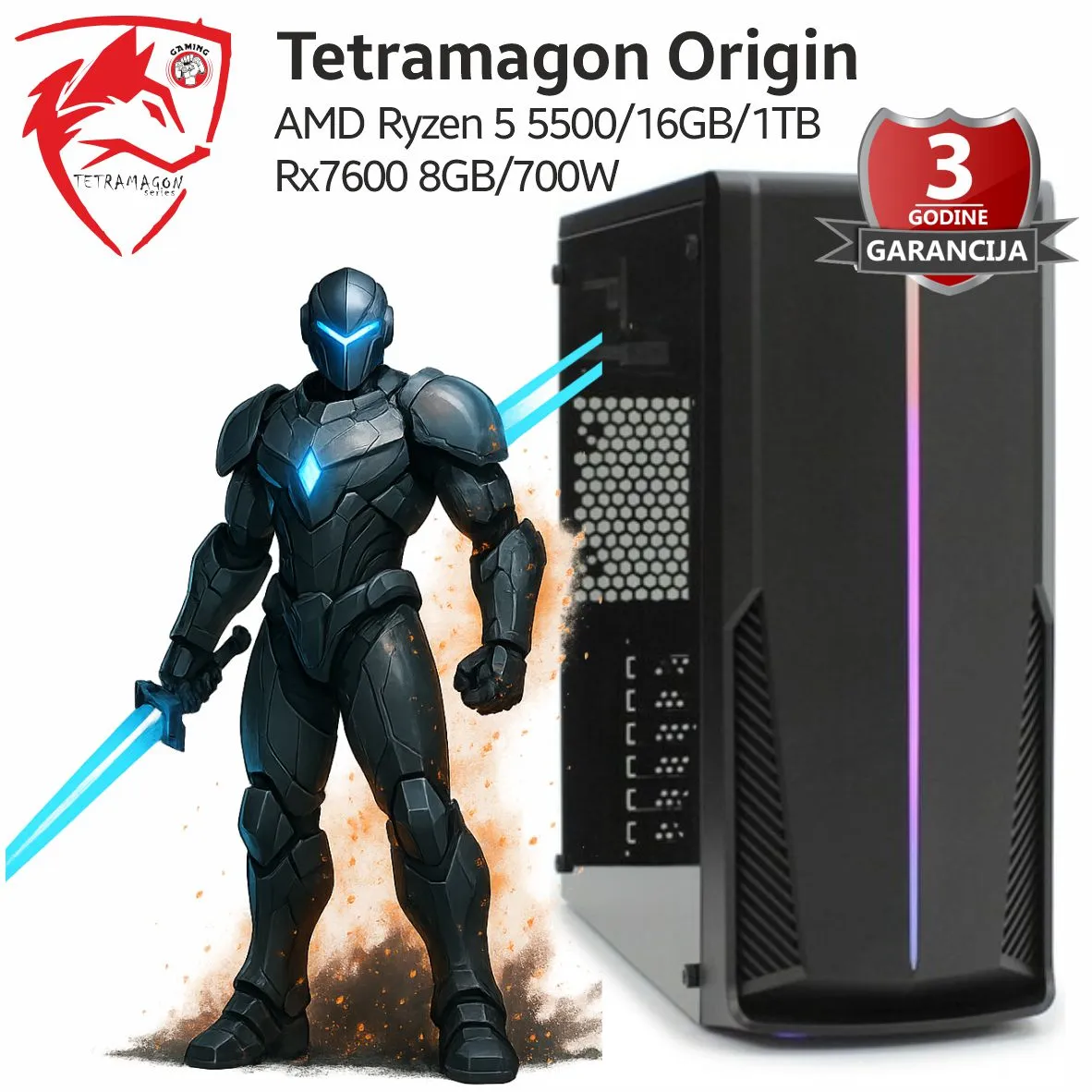 Računar Tetramagon Origin AMD Ryzen 5 5500/16GB/1TB/RX7600 8GB/600W