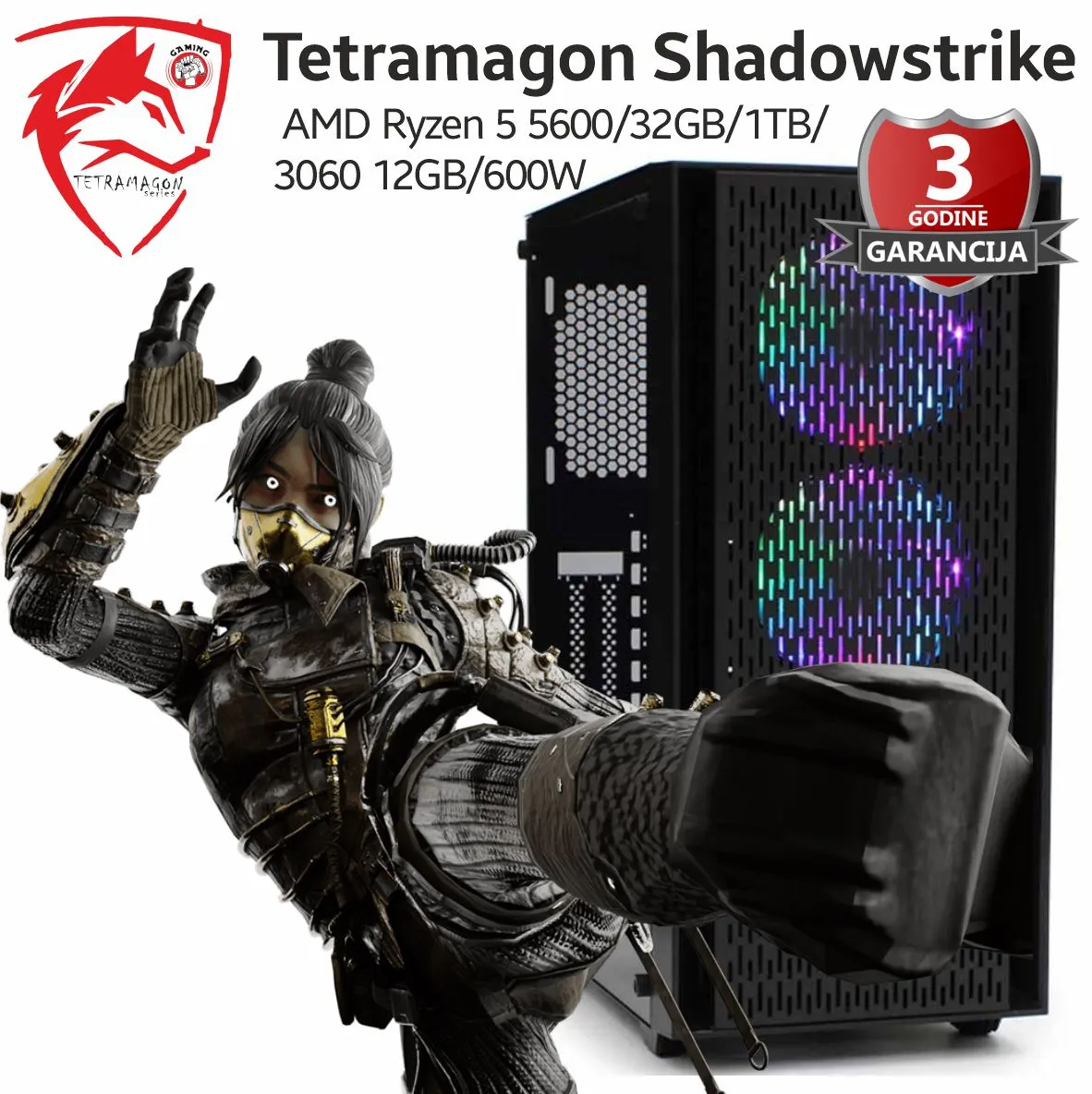 Računar Tetramagon Shadowstrike AMD Ryzen 5 5600/32GB/1TB/3060 12GB/600W