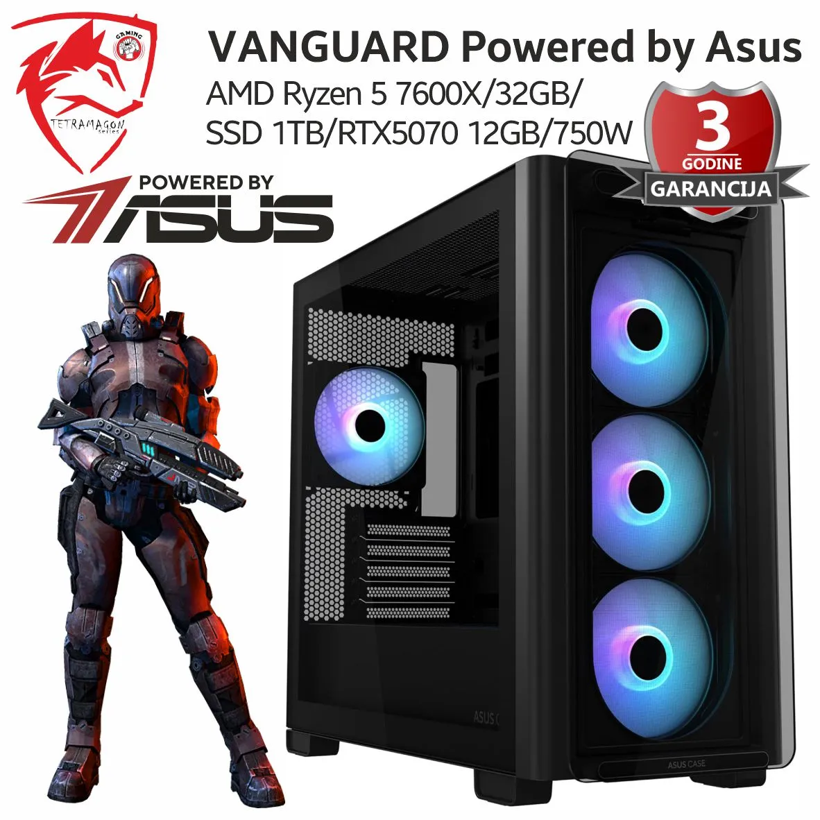 Računar Tetramagon Vanguard Powered by Asus AMD Ryzen 5 7600X/32GB/SSD 1TB/RTX5070 12GB/750W