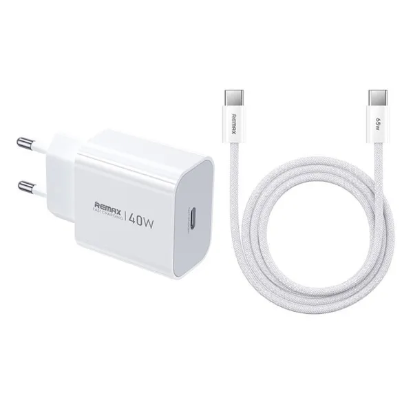 SET:Strujni punjac Huiying GaN 1XTIP C 40W+kabl TIP C CA10 beli REMAX