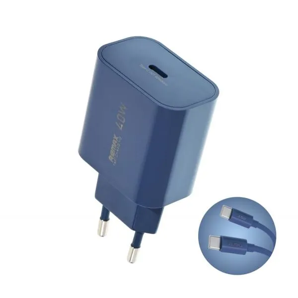SET:Strujni punjac Huiying GaN 1XTIP C 40W+kabl TIP C CA10 plavi REMAX