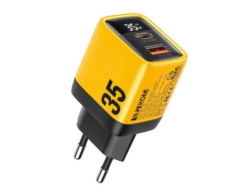 WP-U25 Super brzi Strujni GaN Punjač 2-porta USB (3.0 i 3.1 Tip-C) 35W sa displejom žuti