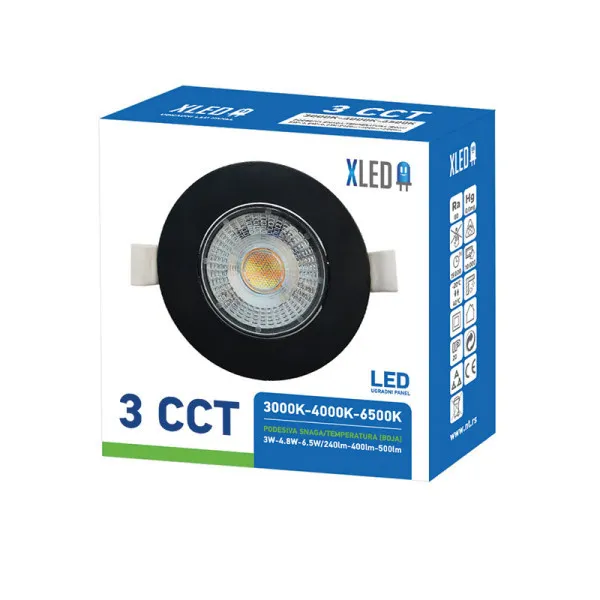 XLED 3W-6.5W 3CCT crni Ugradni okrugli LED panel CCT 3 nivoa 3W-4.8W-6.5W/240lm-400lm-500lm220-240V