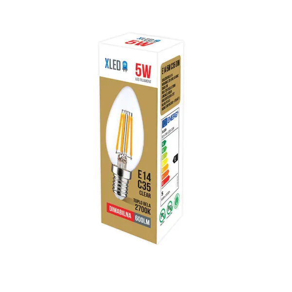 Xled  E14 5W C35 Filament Sijalica dimabilna2700K220V600Lm35*98mmRa≥80 PF≥0.5 Clear