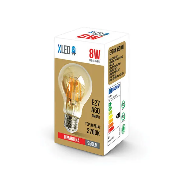 Xled E27 8W A60 Filament Sijalica dimabilna2700K220V950Lm60*108mmRa≥80 PF≥0.5 amber