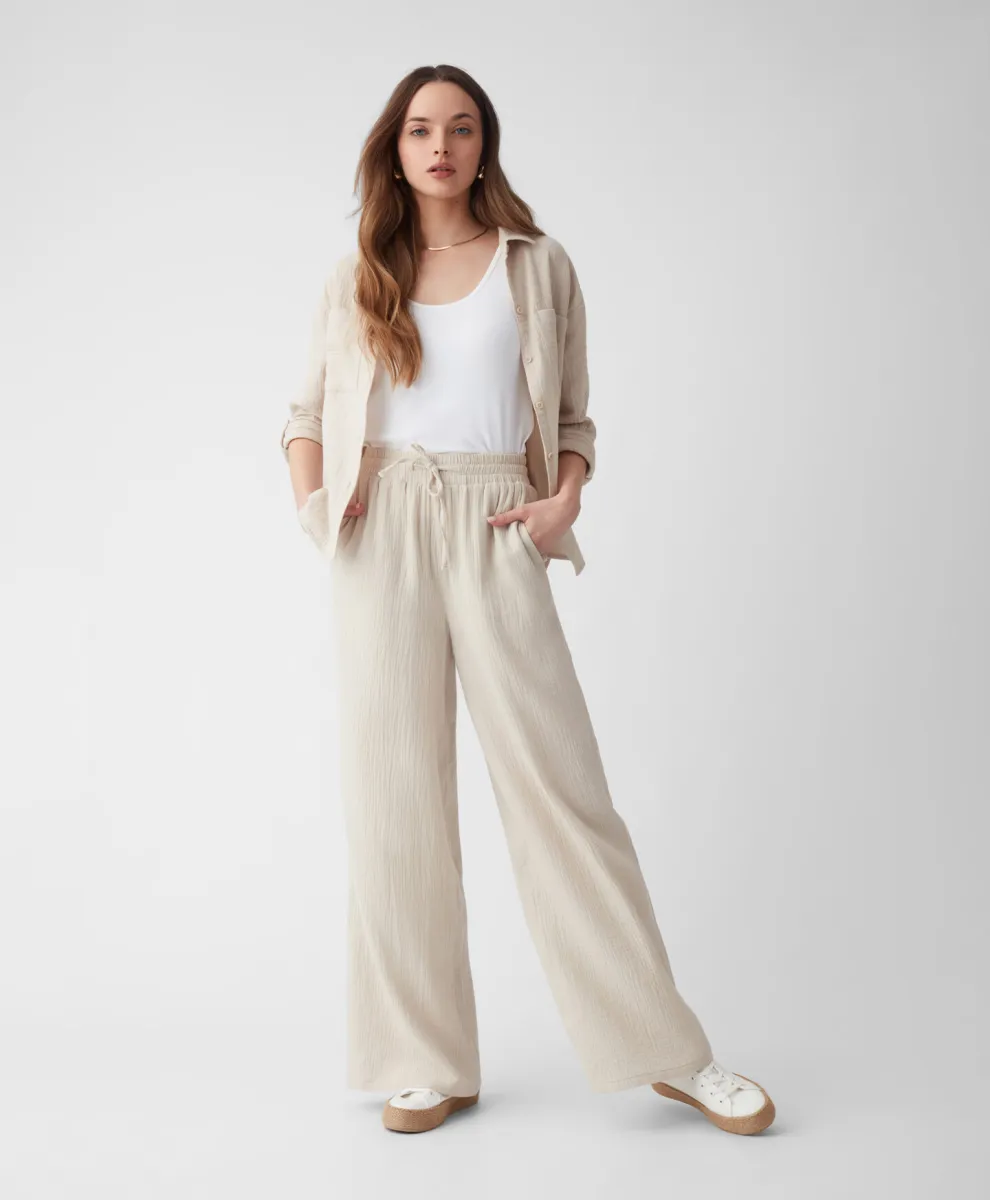 Pantalone sa širokim nogavicama za žene od 100% pamučnog muslina