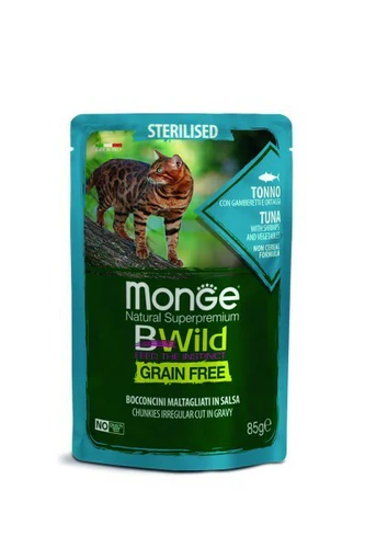 Monge
      
      
      BWILD sosić za sterilisane mačke - tuna/račići/povrće 85g