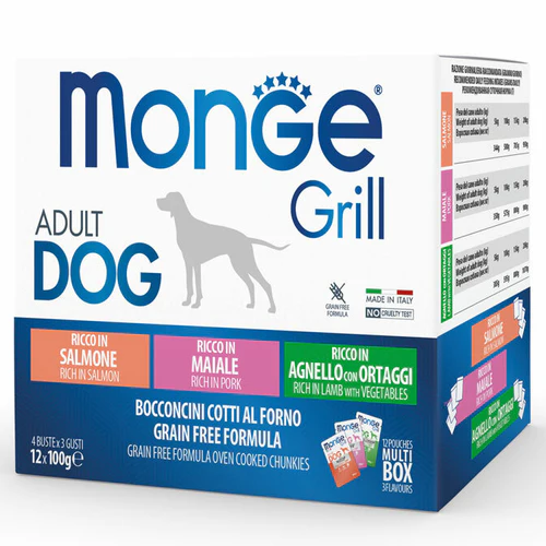 Monge
      
      
      Monge Grill losos/svinja/jagnje sosići za pse 12x100g