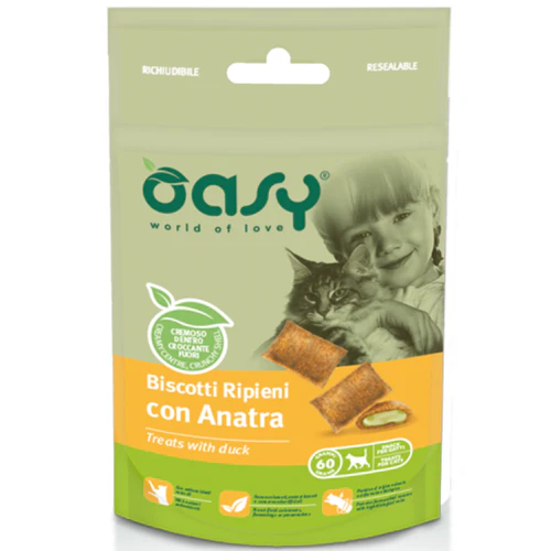 Oasy
      
      
       hrskavi jastučići za mačke, punjeni pačetinom, 60g