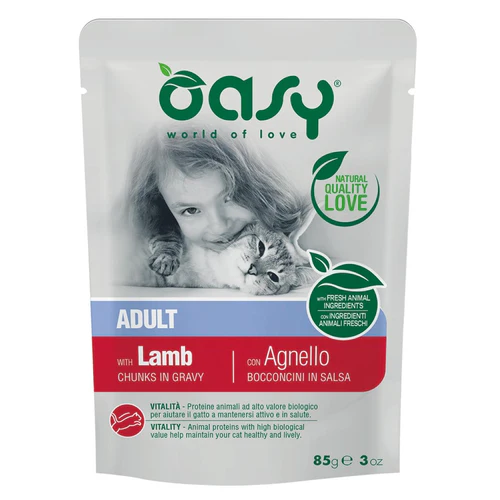 Oasy
      
      
       Kesica za mačke, komadići u sosu s jagnjetinom, 85g
