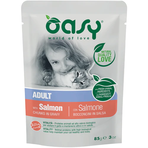 Oasy
      
      
       Kesica za mačke, komadići u sosu s Lososom, 85g
