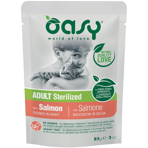 Oasy
      
      
       Kesica za mačke, komadići u sosu Sterilized s Lososom, 85g