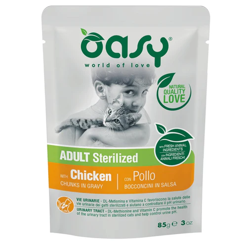 Oasy
      
      
       Kesica za mačke, komadići u sosu Sterilized s piletinom, 85g