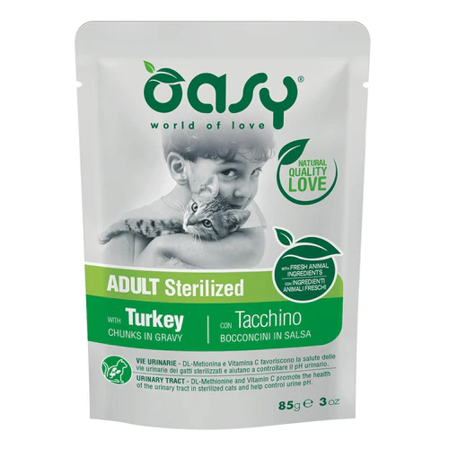 Oasy
      
      
       Kesica za mačke, komadići u sosu Sterilized s ćuretinom, 85g