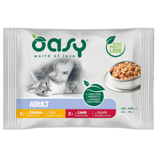 Oasy
      
      
       Kesice za mačke, komadići u sosu s piletinom i jagnjetinom, 4x85g