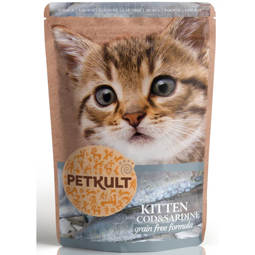 Petkult
      
      
       kesica s mesnim komadićima, KITTEN bakalar i sardina, bez žitarica, 100g