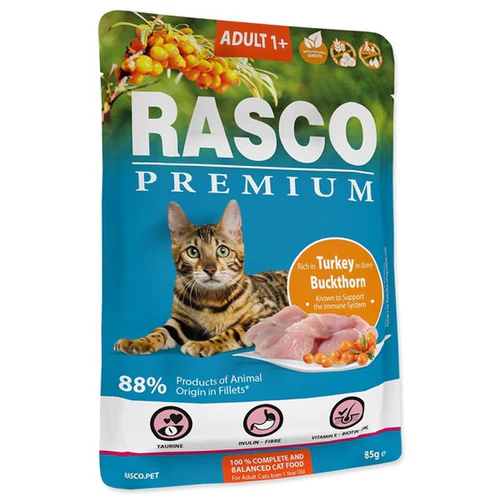 Rasco
      
      
       Premium Adult, fileti u sosu s ćuretinom i pasjim trnom, 85g