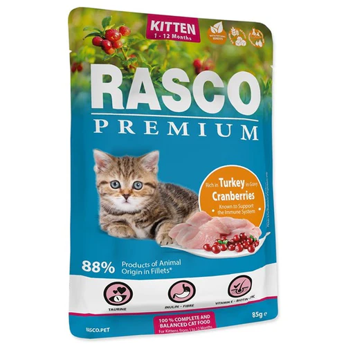Rasco
      
      
       Premium KITTEN, fileti u sosu s ćuretinom i brusnicom, 85g
