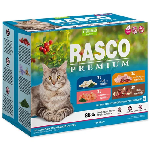 Rasco
      
      
       Premium Sterilized, fileti u sosu losos/bakal/pačet/ćuret (12x85g) 1020g